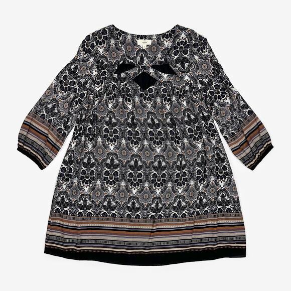 Entro Printed Mini Dress Small Gray Boho Indie Festival Peasant Flowy Earthy - Picture 3 of 10